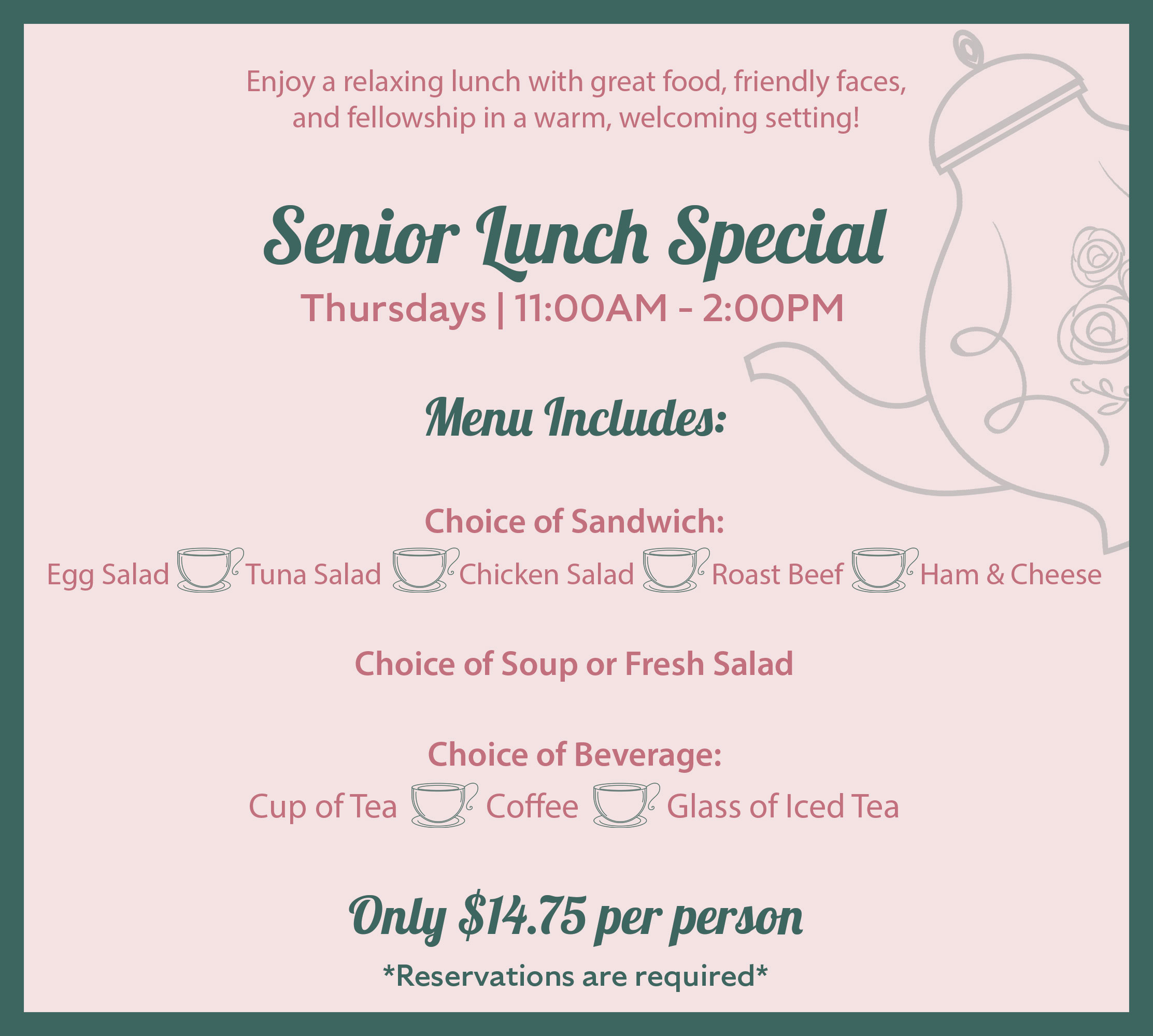 Senior Thursday Special at Annie Mary Tea Room