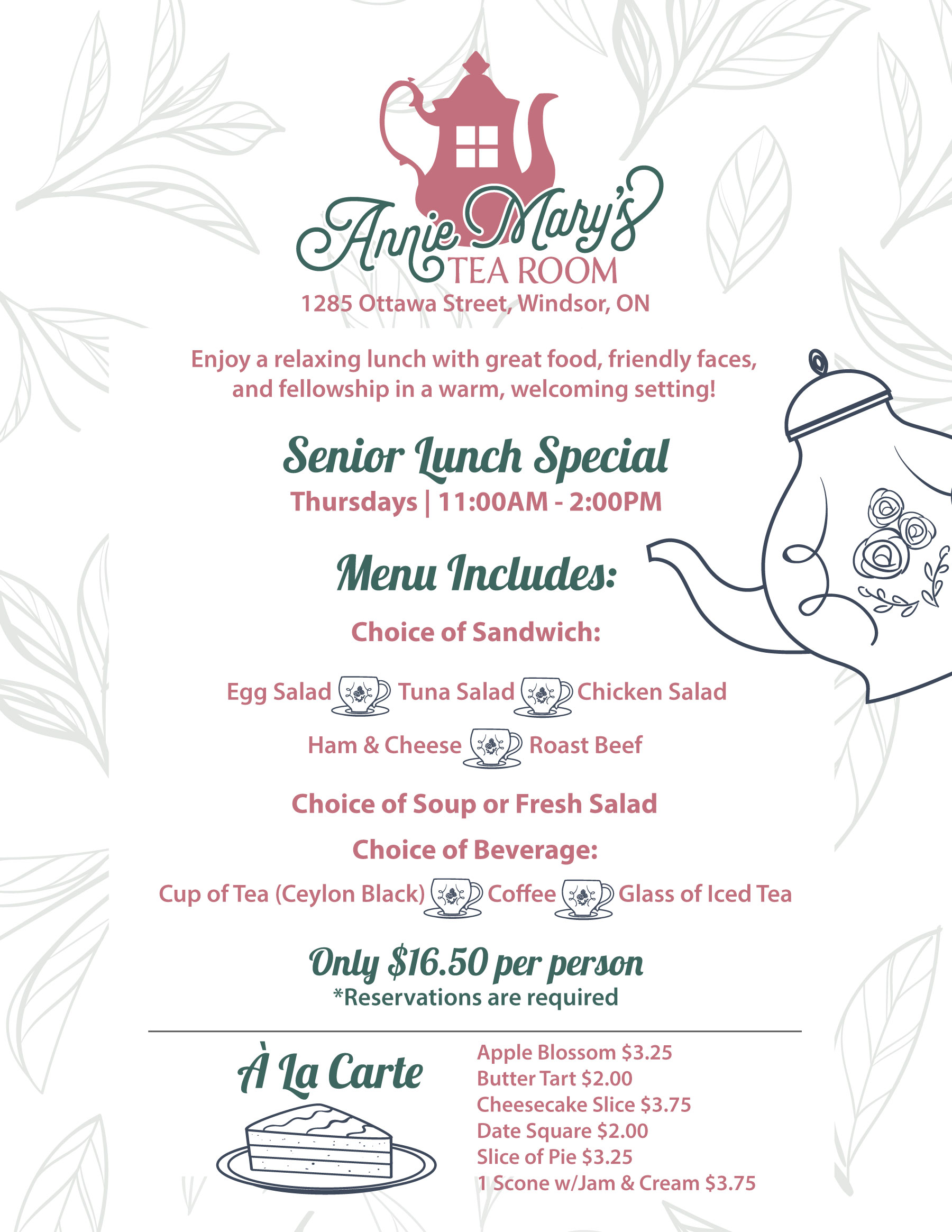 Senior Thursday Lunch Specials at Annie Mary Tea Room